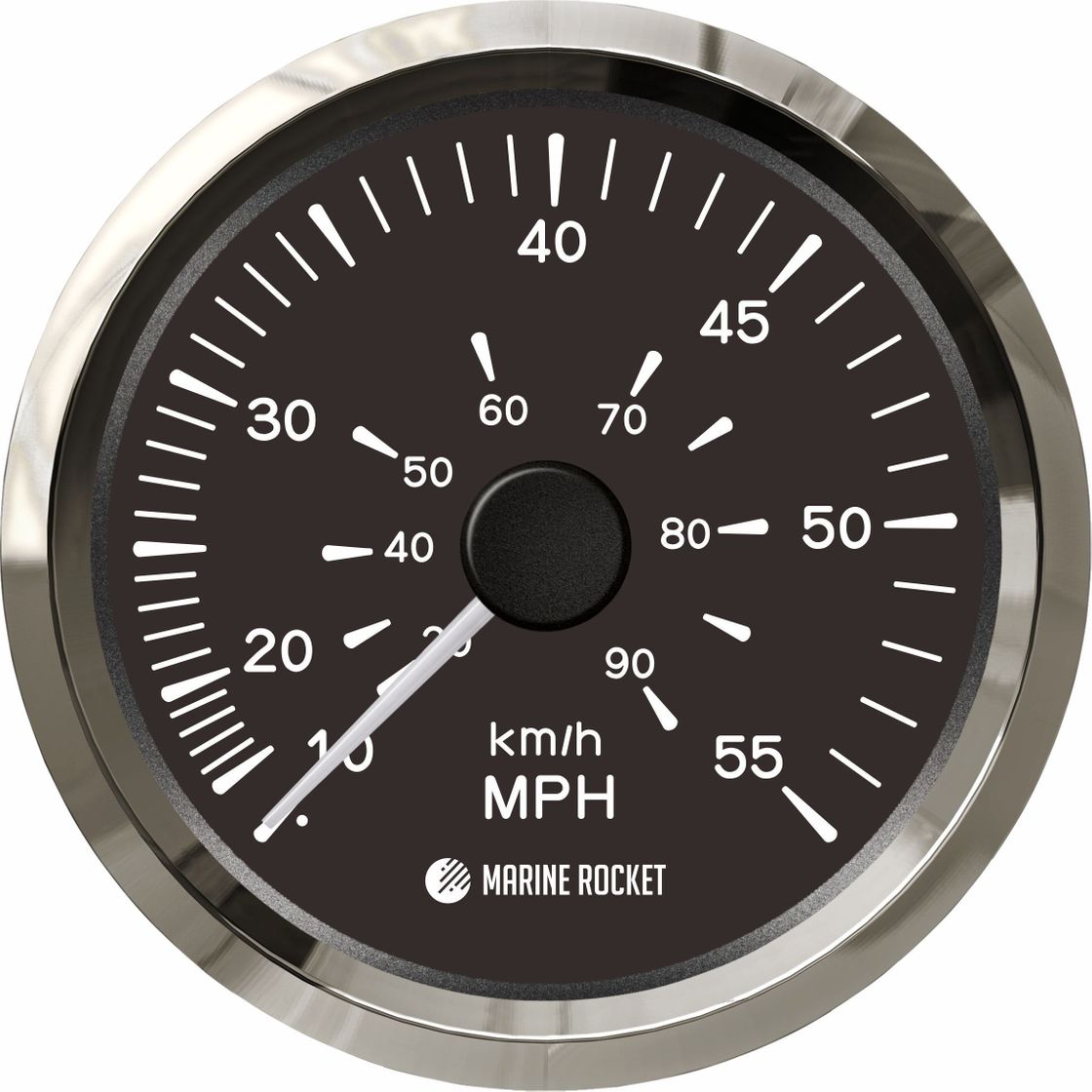 Спидометр манометрический 0-55 MPH, черный циферблат, нержавеющий ободок, д. 85 мм, Marine Rocket купить c доставкой